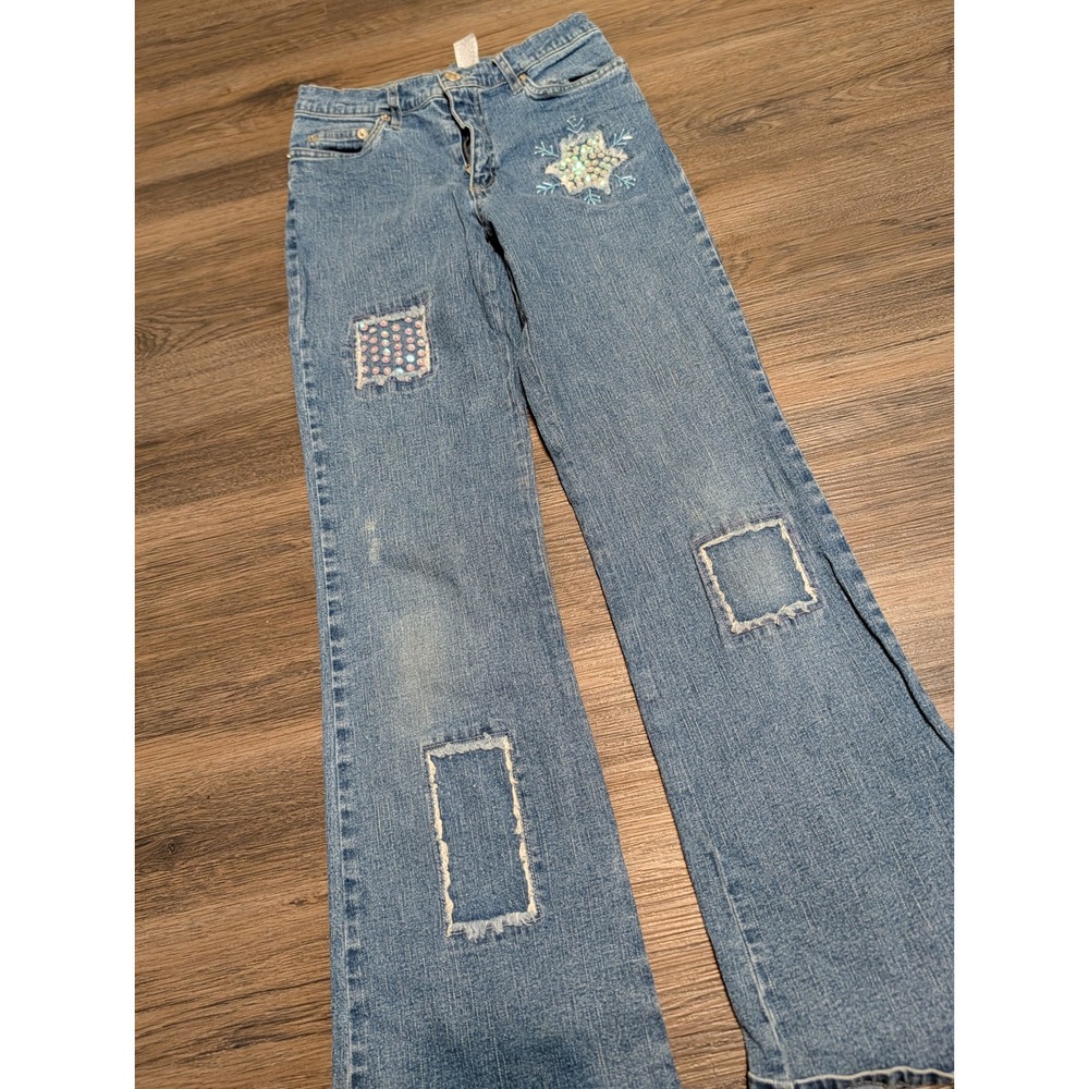 KRU Sequin Snowflake Patchwork Flare Jeans 10 Medium Wash Mid Rise Y2K Boho